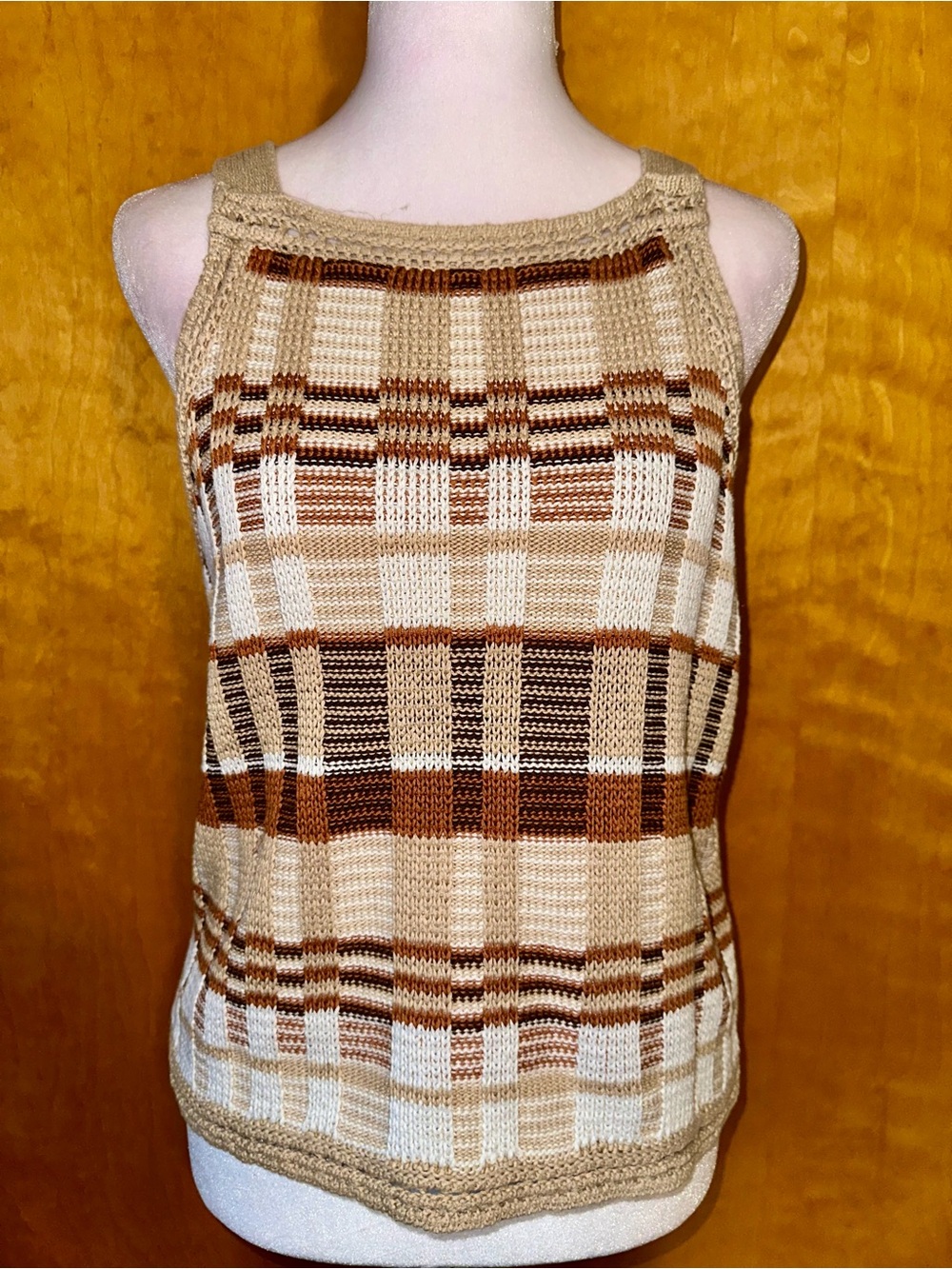 Plaid Knit  Top in Beige, Burnt Orange and Brown